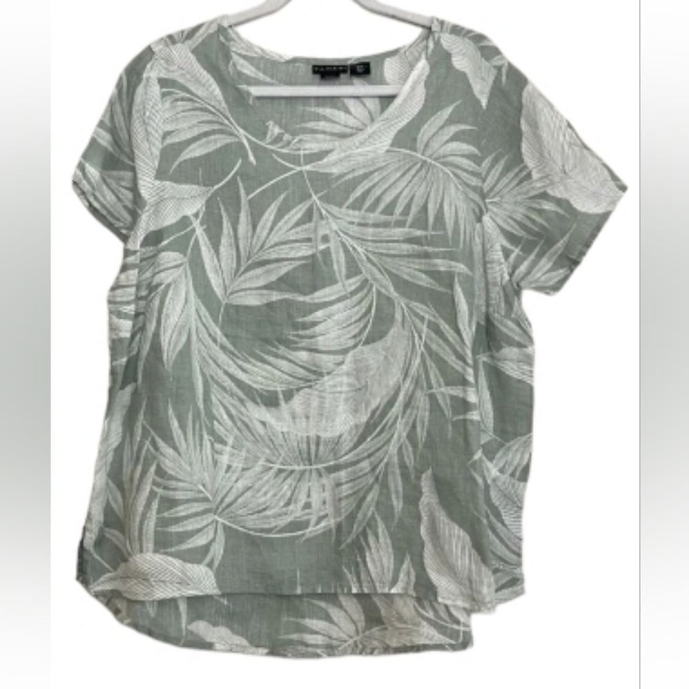 NEW LINEN TAHARI 1X GREEN CREAM TROPICAL LOOSE FIT SHORT SLEEVE BLOUSE TOP NWT